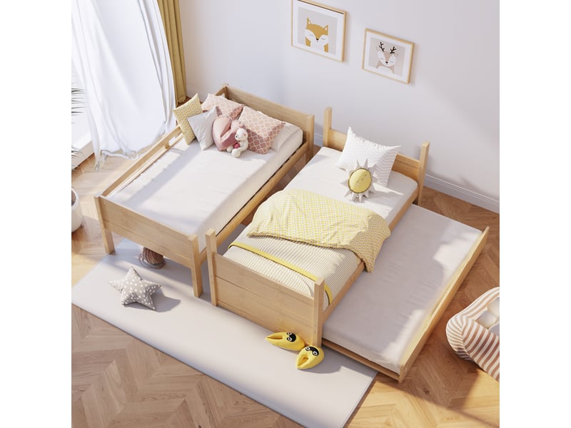Lit superposé 90x200 cm convertible naturel, lit enfant 3-en-1 avec lit gigogne, 2 lits simples séparables, échelle sécurisée et sommier inclus - Conforama C