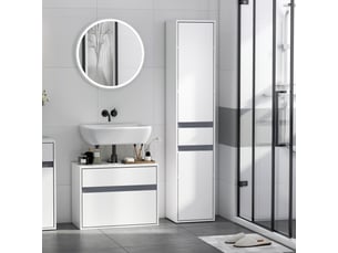 Meuble colonne rangement salle de bain style contemporain 2 placards 3 étagères et tiroir coulissant panneaux particules blanc
