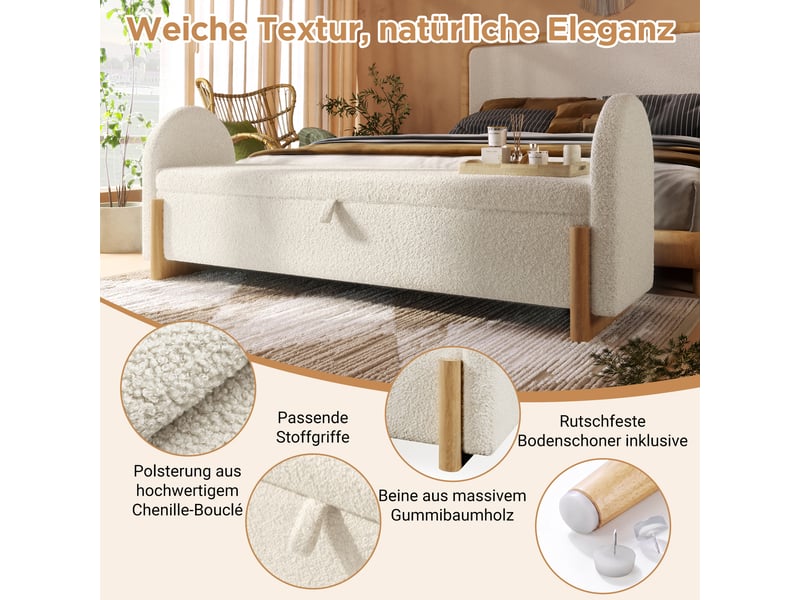  Banc de lit 186 cm - banc coffre de rangement bouclé blanc - ouverture hydraulique - pieds en bois massif  - Conforama D