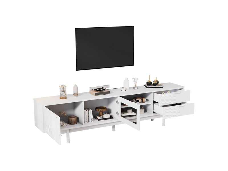  Meuble tv 200x40x50, design moderne avec 2 portes et 2 tiroirs, grand rangement et capacité de charge 45kg meuble tv avec rangement  - Conforama D