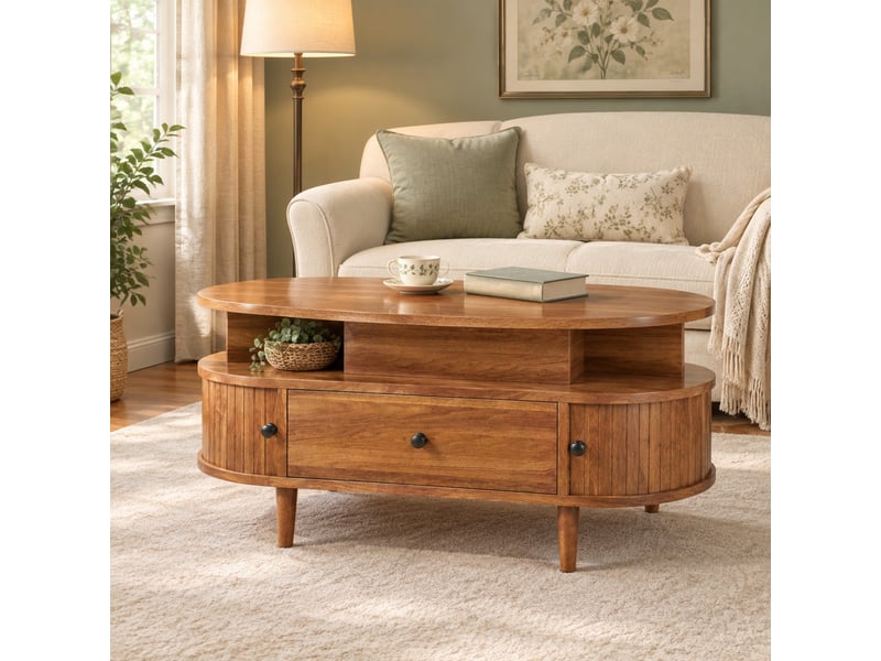  Table basse ovale relevable avec rangement - lpospi - plateau à gaz, tiroir et portes coulissantes mdf noyer  - Conforama C