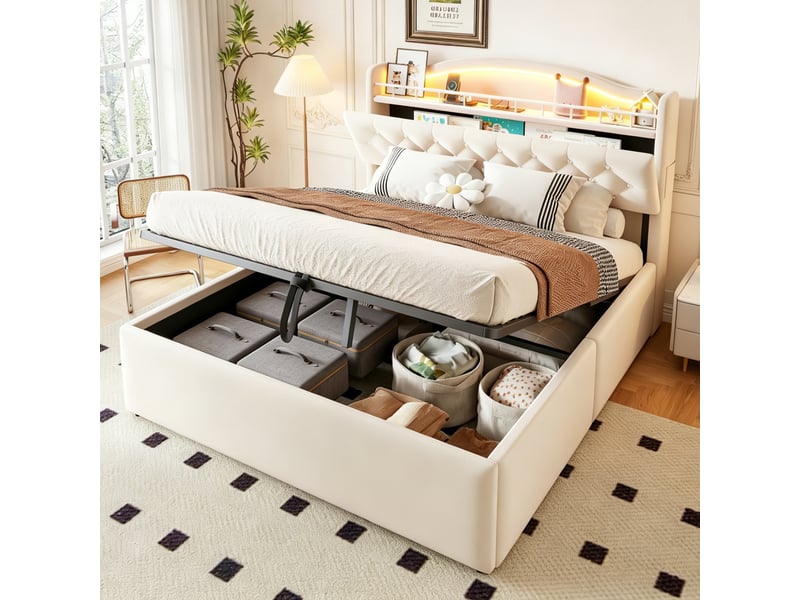  Lit capitonné 140*200 cm beige, coffre hydraulique, led, usb-c, tête avec rangements et cadre métal stable  - Conforama C