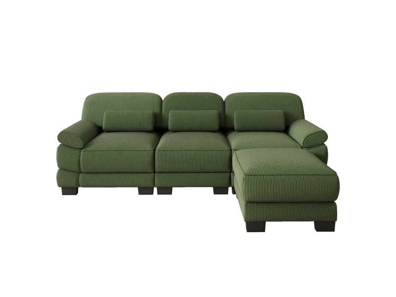 Canapé d’angle modulable 3 places vert en velours côtelé avec pouf assorti, assise profonde et configuration en l pour le salon - Conforama A