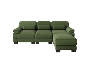 Canapé d’angle modulable 3 places vert en velours côtelé avec pouf assorti, assise profonde et configuration en l pour le salon