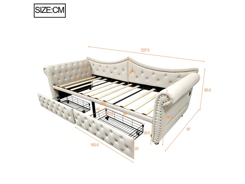 Lit banquette rembourré - 90x200 cm - convertible - lit gigogne - 2 tiroirs - port usb - prise de charge - velours - beige CozyNest - Conforama D