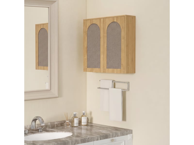  Armoire murale de salle de bain bohème avec 2 portes effet rotin à fermeture douce et étagère réglable, chêne  - Conforama C