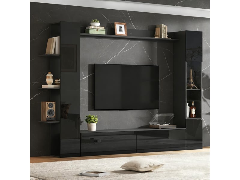 Meuble tv mural design avec vitrine réversible, ensemble de salon 4 pièces, grand espace de rangement, noir - Conforama D