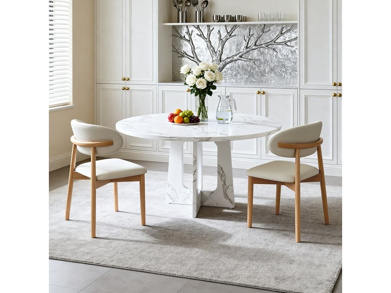  Ensemble table ronde et 2 chaises, table à manger ronde 4 à 6 personnes, effet marbre blanc, mdf et pieds en chêne massif  - Conforama C