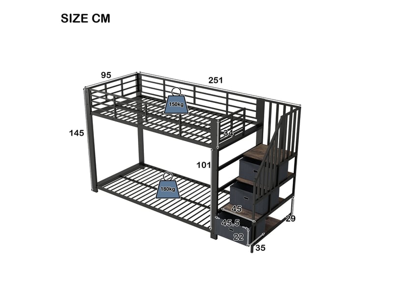 Lit superposé enfant 90x200 cm en métal avec escalier rangement, led, prises usb, barrière de sécurité, échelle réversible gauchedroite - noir - Conforama C