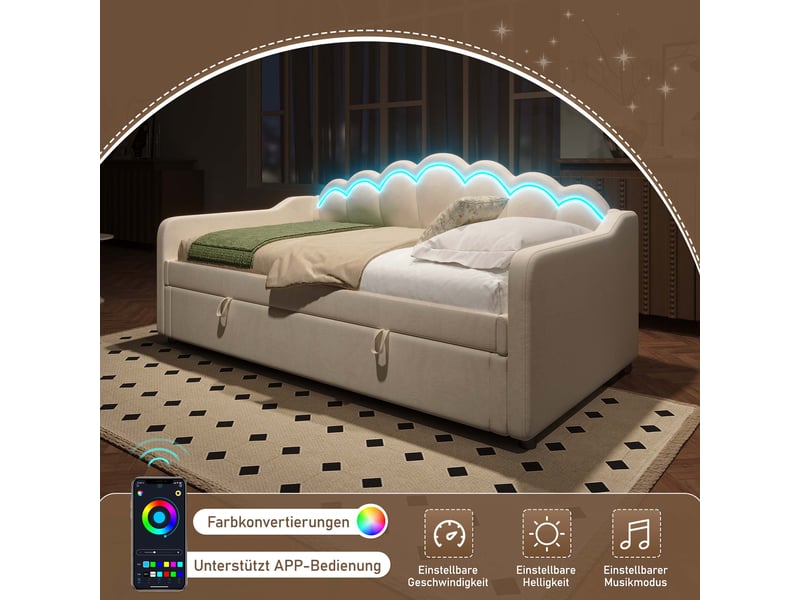  Lit coffre 90x200 velours beige avec rangement hydraulique et led  - Conforama R