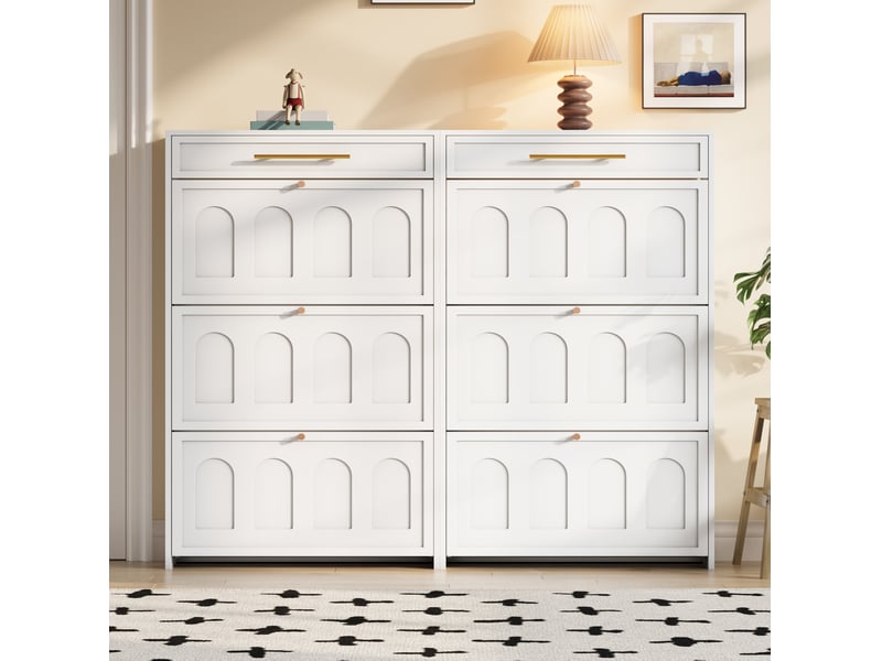  Meuble d'entrée avec miroir mural, meuble à chaussures et panneaux muraux, gris et blanc  - Conforama C