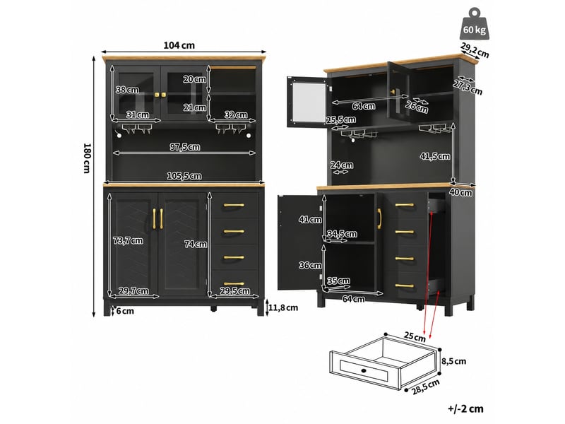  Meuble de cuisine muvano, buffet de cuisine 4 portes avec led, noir, 105,5 × 40 × 180 cm  - Conforama W
