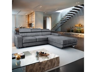 Canapé d'angle droit convertible <strong>MASSENO</strong> <strong></strong> 3 places Velours gris avec coffre de rangement