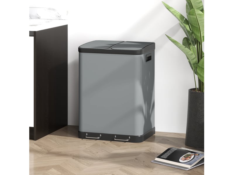  Poubelle à pédale ulevr 2 x 30 l pour tri des déchets, double bac amovible, couvercle soft-close, métal gris, 48,8 x 39,5 x 67 cm  - Conforama B