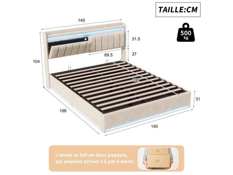  Lit coffre 140x190 cm avec éclairage led et port usb, lit adulte  avec tête de lit avec rangement, lits 2 personnes, velours, beige  - Conforama C