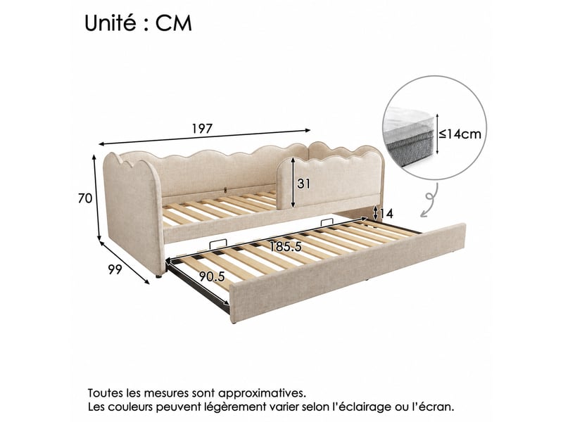  Lit gigogne 2 places 90x190 cm et 90x190 cm avec couchage coulissant et roulettes à frein, sans matelas, beige  - Conforama D