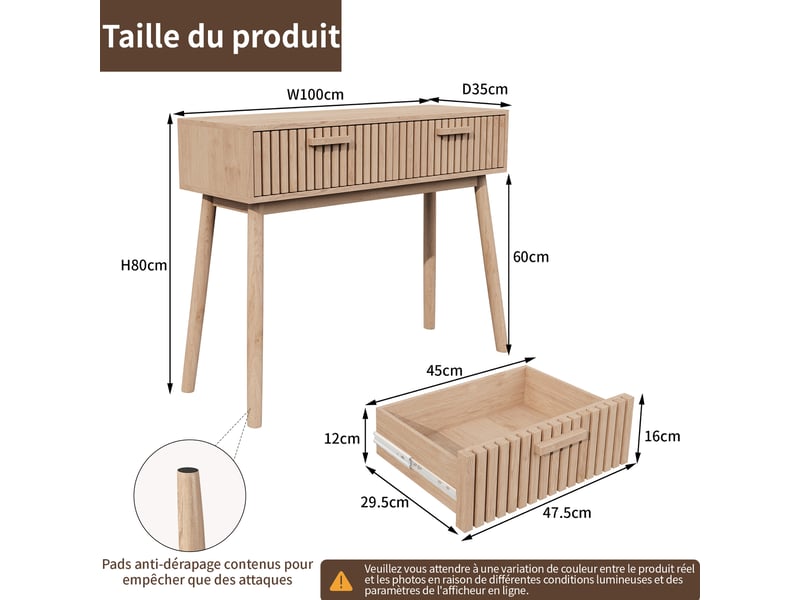  Console d'entrée 2 tiroirs style scandinave - 100 x 35 x 80 cm-chêne clair - table de couloir avec façades à lattes et pieds en bois massif  - Conforama B