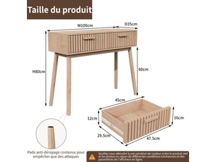 Console d'entrée 2 tiroirs style scandinave - 100 x 35 x 80 cm-chêne clair - table de couloir avec façades à lattes et pieds en bois massif