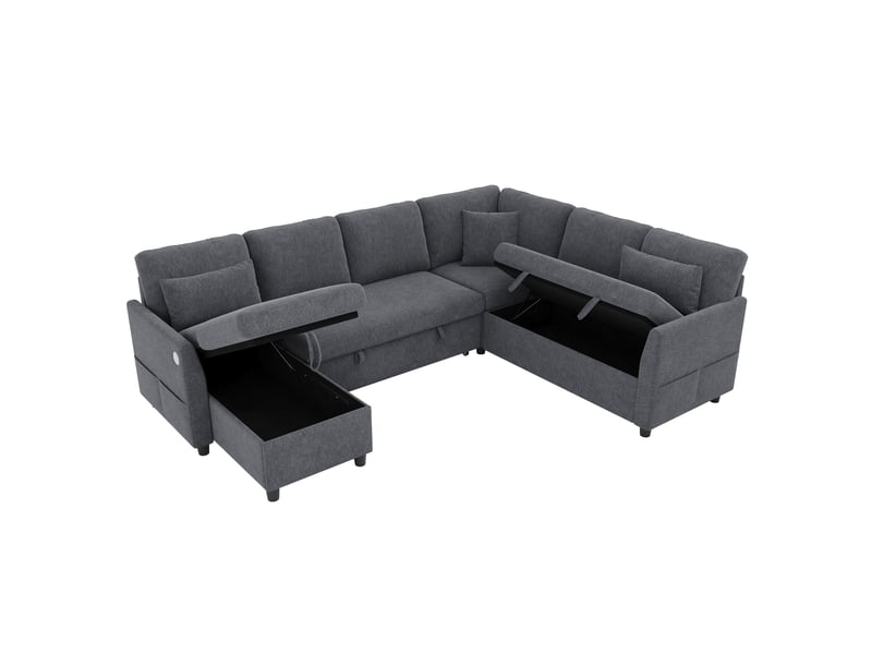 Canapé panoramique convertible en lit 255 cm, 6 places modulable en lu avec méridienne, rangements, usbtype-c, poche latérale, 3 coussins, gris - Conforama A