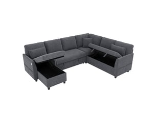 Canapé panoramique convertible en lit  255 cm, 6 places modulable en lu avec méridienne, rangements, usbtype-c, poche latérale, 3 coussins, gris