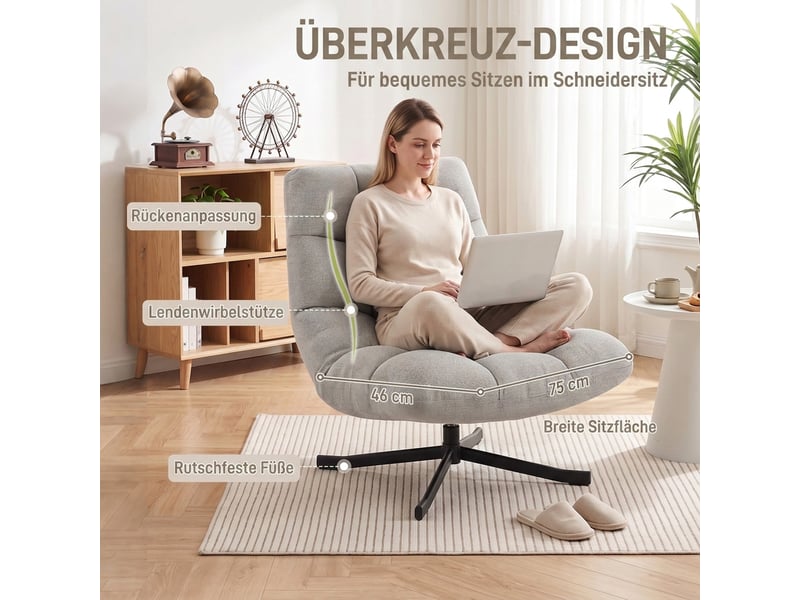  Fauteuil pivotant 360° en tissu effet chenille et pieds en acier 95 x 75 x 90 cm gris clair  - Conforama D
