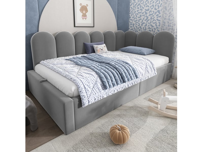  Lit enfant 90x200 cm, lit coffre, rangement et lattes métalliques, revêtu de tissu velours, coloris gris, sans matelas  - Conforama B