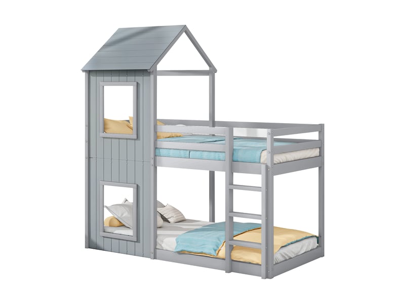  Lit cabane enfant 90 × 200 cm 1 place avec barrière de sécurité et baldaquin, sans matelas, en pin gris  - Conforama A