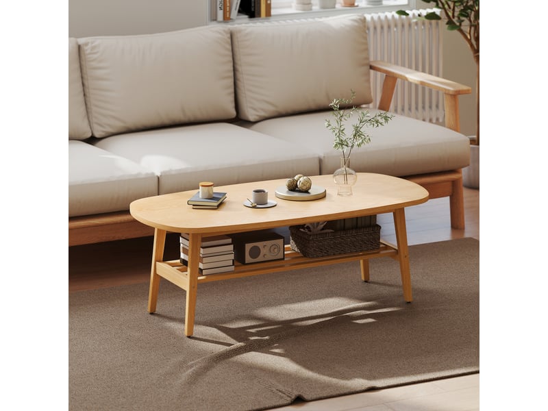  Table basse à 2 niveaux, bois naturel, table de salon moderne avec étagère inférieure ouverte et pieds en bois d'hévéa  - Conforama A