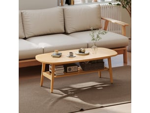 Table basse à 2 niveaux, bois naturel, table de salon moderne avec étagère inférieure ouverte et pieds en bois d'hévéa