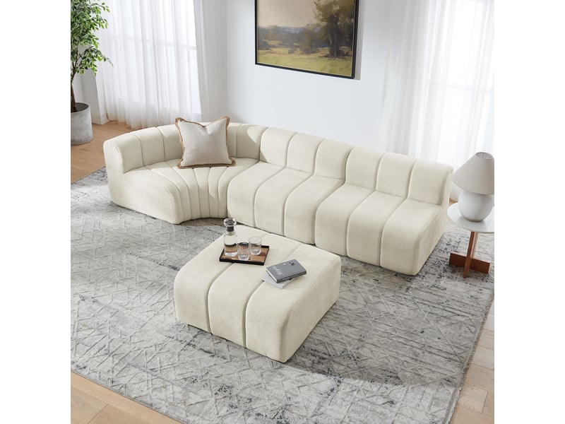  Canapé d'angle modulable compressé 4 places 283x198x64,7 cm, modules libres utilisables en pouf, table ou siège, chenille beige  - Conforama D