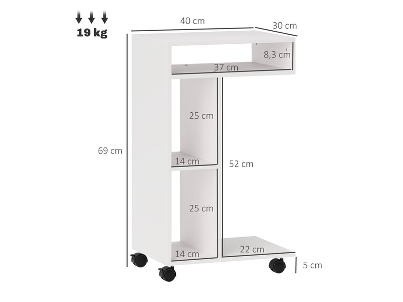  Table d'appoint en forme de c avec roulettes, 40 x 30 x 69 cm, avec 3 compartiments et 1 étagère ouverte, blanc  - Conforama C