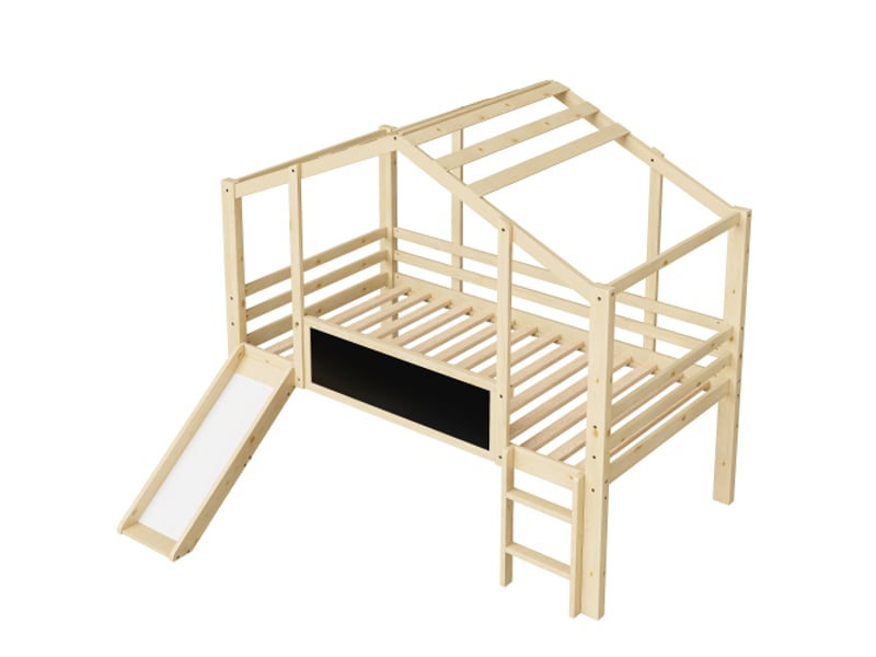 Lit cabane mi-hauteur 90x200 cm, lit enfant avec toboggan de sécurité, planche à dessin, sans matelas, naturel - Conforama E