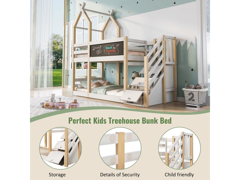  Lit superposé enfant  90x200- lit cabane - tableau noir 123x20cm - escalier rangement - 3 coffres - garde-corps - blanc et naturel  - Conforama C