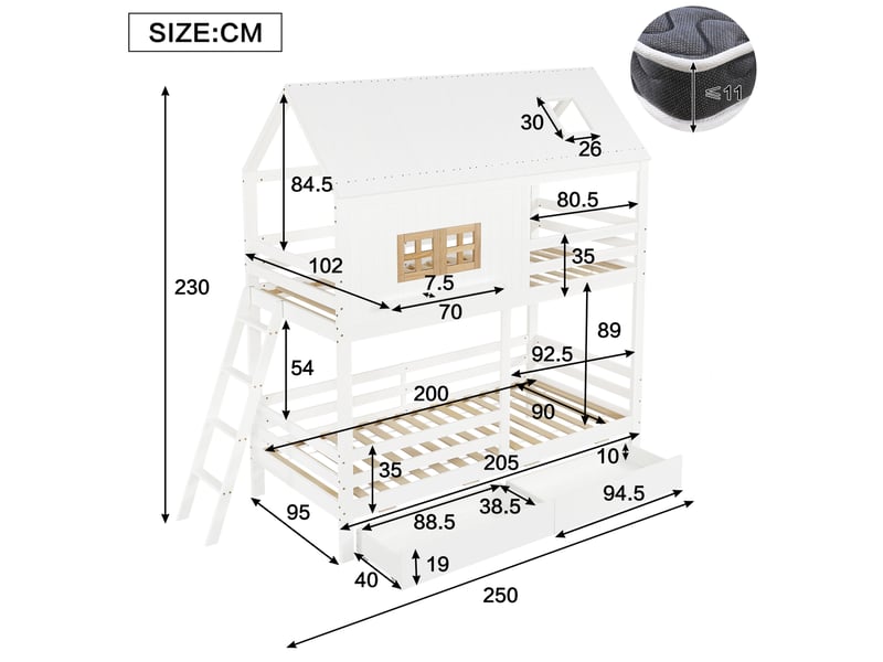  Lit superposé enfant 90 x 200 cm avec toit, fenêtres et 2 tiroirs, blanc naturel  - Conforama C