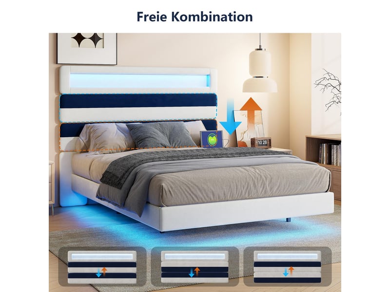  Lit 140x190cm - lit double 140x190 - avec tête de lit modulable rayures en velours, led rvb, usb et ue - beige  - Conforama D