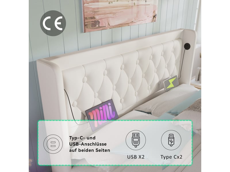  Lit coffre 180x200 cm, rangement hydraulique, led 3 côtés, usb et usb-c, tête de lit capitonnée à oreilles, simili cuir pu - blanc  - Conforama C
