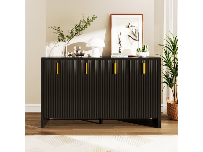 Buffet bas 140 x 38 x 80 cm avec poignées dorées, 4 portes et tablettes réglables, en panneau de particules, noir - Conforama B