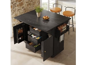 Desserte de cuisine avec 3 tiroirs, extensions rabattables et roulettes freinées en mdf noir, 142,5 × 80 × 95 cm