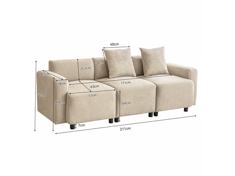  Canapé 3 places modenvie en chenille beige 211 x 67 x 71 cm avec 2 coussins  - Conforama C