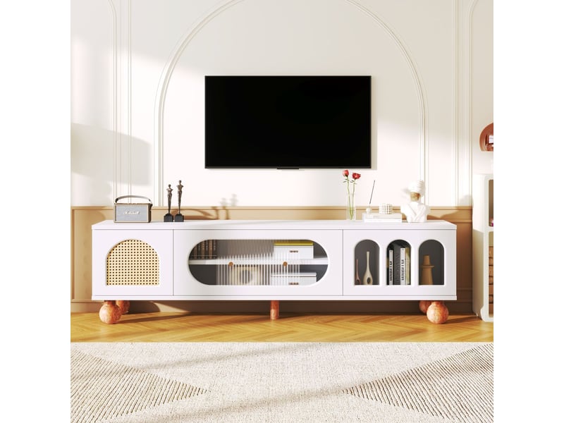  Meuble tv design contemporain avec portes en verre et rangement ouvert meuble tv avec rangement  - Conforama A
