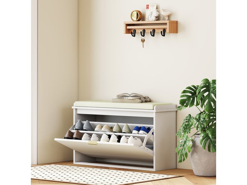  Banc porte-chaussures avec étagère intérieure, en bois et tissu effet lin, 80 x 26 x 47,5 cm, blanc et beige  - Conforama C