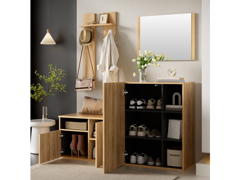 Meubles d'entrée 4 en 1 avec miroir, crochets, meuble à chaussures et banc, pour entrée, noir et naturel, 120 × 35 × 123 cm - Conforama C