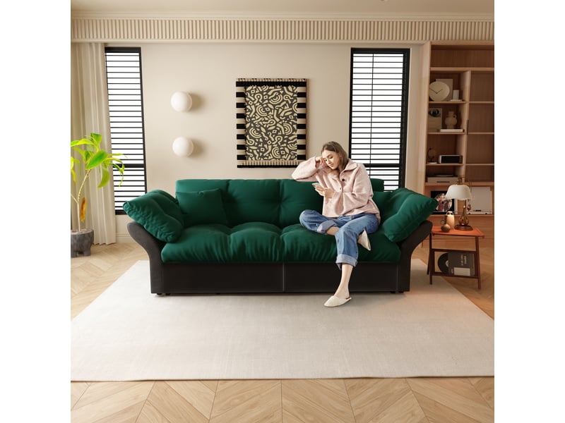  Canapé-lit 3 en 1 190 cm en velours vert avec lit gigogne et 2 coussins pour salon IKSETERA TRADING LTD - Conforama E