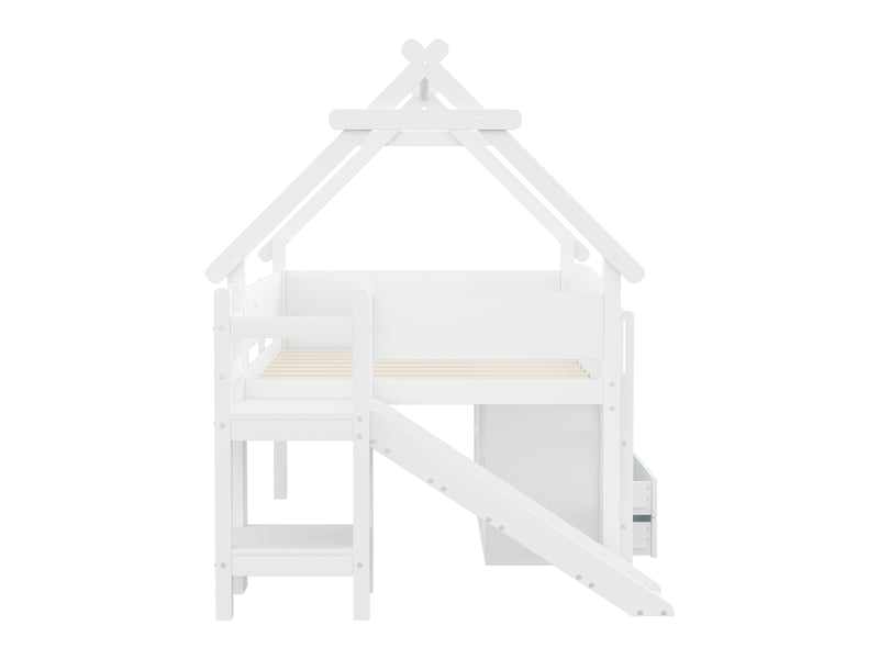  Lit cabane surélevé 90x200cm, toboggan, tiroirs et placards coulissants, barrières, sommier à lattes, bois massif et mdf, blanc OMNIGLINT TRADING LTD - Conforama E