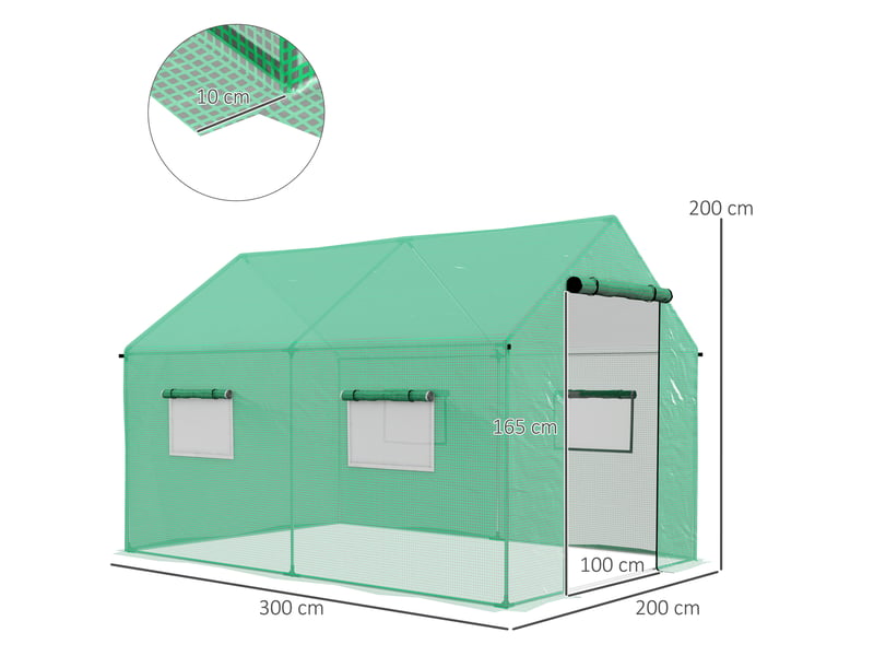  Serre tunnel de jardin 200 x 300 x 200 cm – verte – porte à enroulement et fenêtres d'aération  - Conforama C