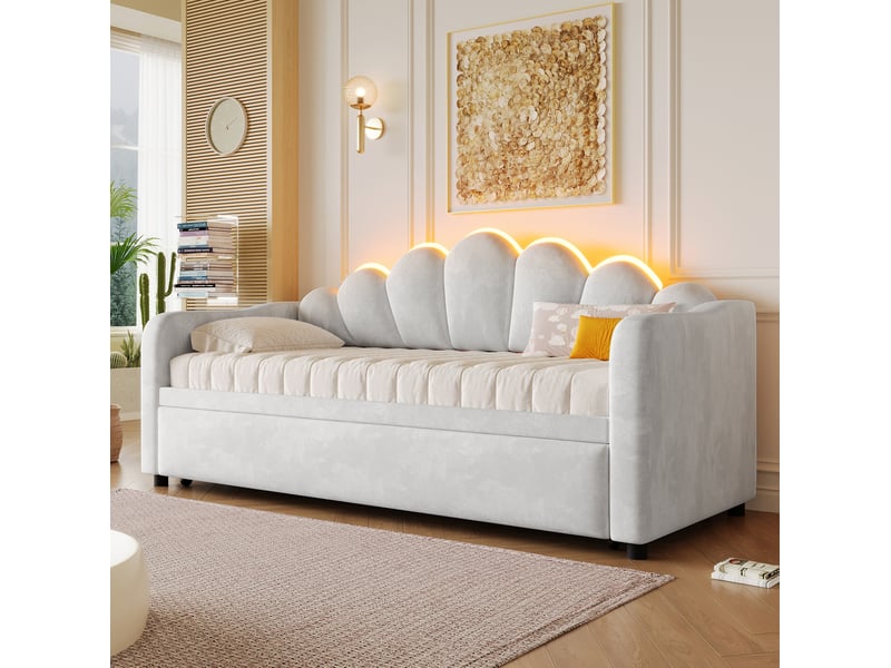  Lit adulte 90x200 couchage led velours gris cadre mdf double niveau pour chambre homvra  - Conforama D