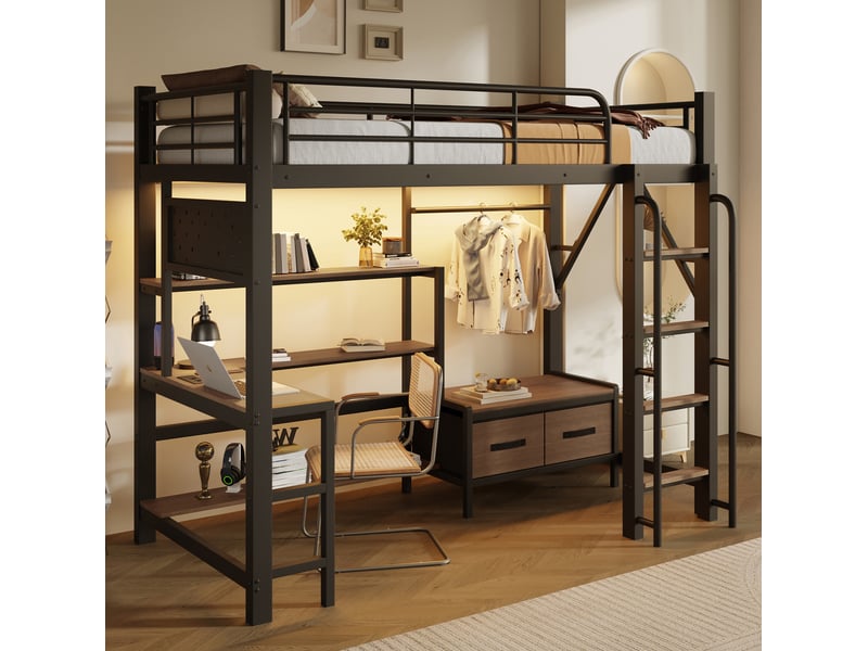 Lit mezzanine 90x200 cm avec bureau et rangements métal mdf noir sans matelas  - Conforama B