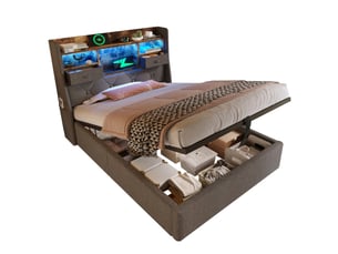 Lit 1 place 90 x 200 cm avec rangement hydraulique, led, prises usb et matelas en lin gris