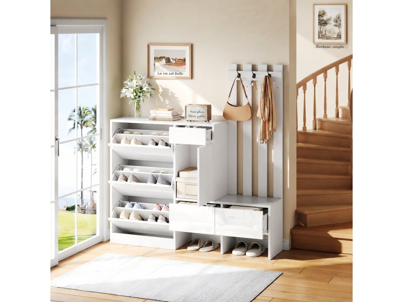  Meuble d’entrée 7 en 1 avec banc et patères, 3 abattants, 160 x 35 x 160 cm, blanc  - Conforama B