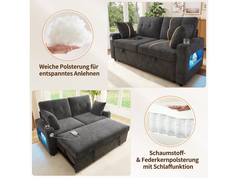  Canapé droit 2 places gris en chenille, 141,5 × 131 × 83,5 cm, couchage convertible, éclairage led, ports usb et usb-c  - Conforama D